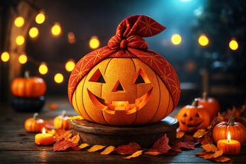 イルミネーションと紅葉の中の和風ジャックオーランタン