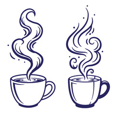 Two hand drawn stylized coffee cups with rising steam swirling in elegant illustrated design.