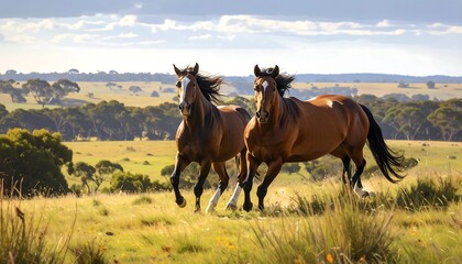 Obraz premium Two horses gallop across a golden field, their manes flowing in the wind, against a backdrop of rolling hills.