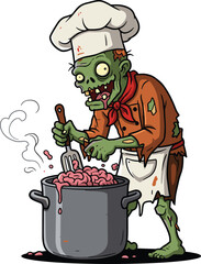 Zombie chef cooking human brains in boiling pot, creepy undead cook in kitchen, cartoon horror character for Halloween design