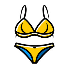Stylized yellow bikini with blue trim against a solid black background representing summer fashion and beachwear
