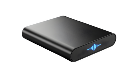 Black external hard drive with blue light isolated on transparent background, a sleek and portable storage solution for data backup and transfer