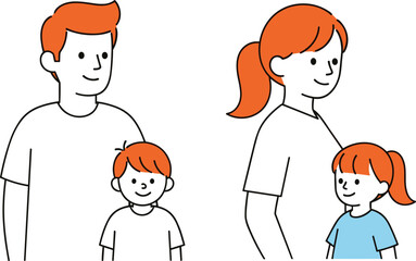 Cartoon family illustration, parents with children, father and son, mother and daughter, simple flat style, vector design, family relationship concept, stock art