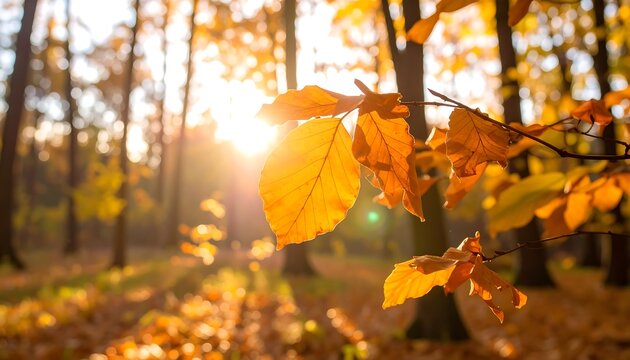Golden autumn leaves bathed in sunlight, branch in focus, forest backdrop, trees and light create a warm, vibrant scene