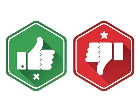 Thumbs up and thumbs down icons isolated on white background green hexagon with a thumbs up and a red hexagon with a thumbs down, representing positive and negative feedback