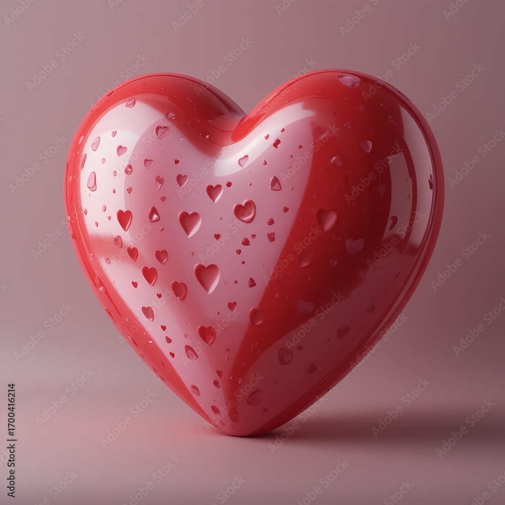 Poster glossy red heart shape with scattered small heart droplets on smooth surface