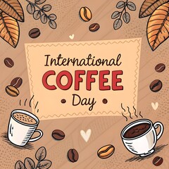 International Coffee Day Text Illustration – Creative Typography Vector Design for Cafe Culture, Espresso, Cappuccino, Latte, Beans, Barista Art, Global Celebration, Beverage Awareness Poster
