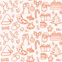Christmas doodle ink element seamless pattern. Hand drawn garland, flute, dessert, Santa decoration symbol. Vector illustration.