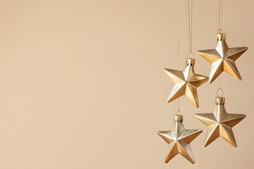 Christmas stars holiday ornaments with metallic decoration and festive hanging in elegant design with minimalist decor golden stars and silver stars