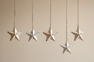 Christmas stars holiday ornaments with metallic decoration and festive hanging in elegant design with minimalist decor golden stars and silver stars