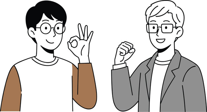 Two cartoon characters, confident gestures, vector illustration, minimal style, smiling people, positive body language, flat design, modern art, isolated background, friendly expressions, stock vector