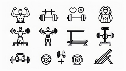 Collection of stylized fitness and weightlifting icons on a white background