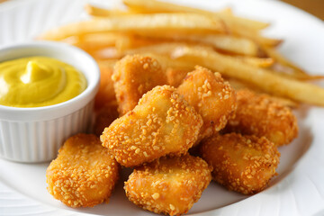 Crispy chicken nuggets and golden french fries served with delicious mustard dip