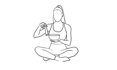 Woman meditating with singing bowls isolated on white background. Relax line art drawing. Vector illustration	