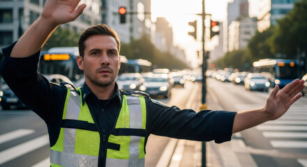 Male traffic controller directing traffic on city street. Police officer in reflective vest managing road safety in urban environment.