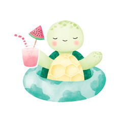 Adorable Watercolor Turtle Summer Drink Cute Animal Illustration 1.
