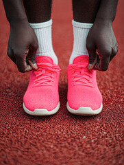 A focused shot of a person tying bright pink sneakers on a running track, showcasing athletic preparation and vibrant footwear.