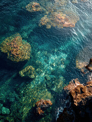 Aerial view of clear turquoise water with rocky formations beneath, showcasing the beauty of underwater landscapes and natural marine habitats.