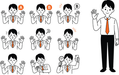 Cartoon man in white shirt and orange tie, multiple poses and expressions, business character vector art, communication and gesture concept illustration