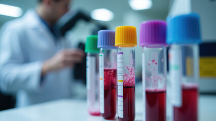 Close-up of blood sample tubes labeled and ready for analysis