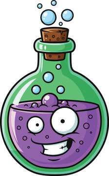 Cartoon potion bottle with a friendly, mischievous expression and bubbles rising