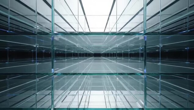 Abstract futuristic architectural interior with empty glass shelves creating a sense of infinite digital space and data storage