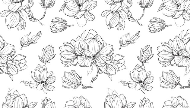 A beautiful, intricate black and white magnolia flower pattern, ideal for backgrounds, textiles, or prints. - Powered by Adobe