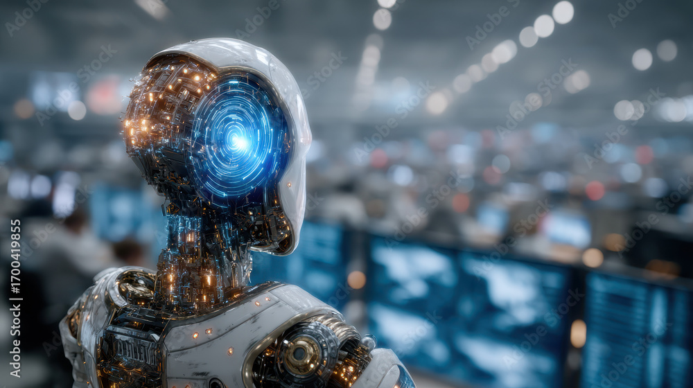 Aufkleber advanced robotic figure observes high-tech command center during a busy workday in the modern digita