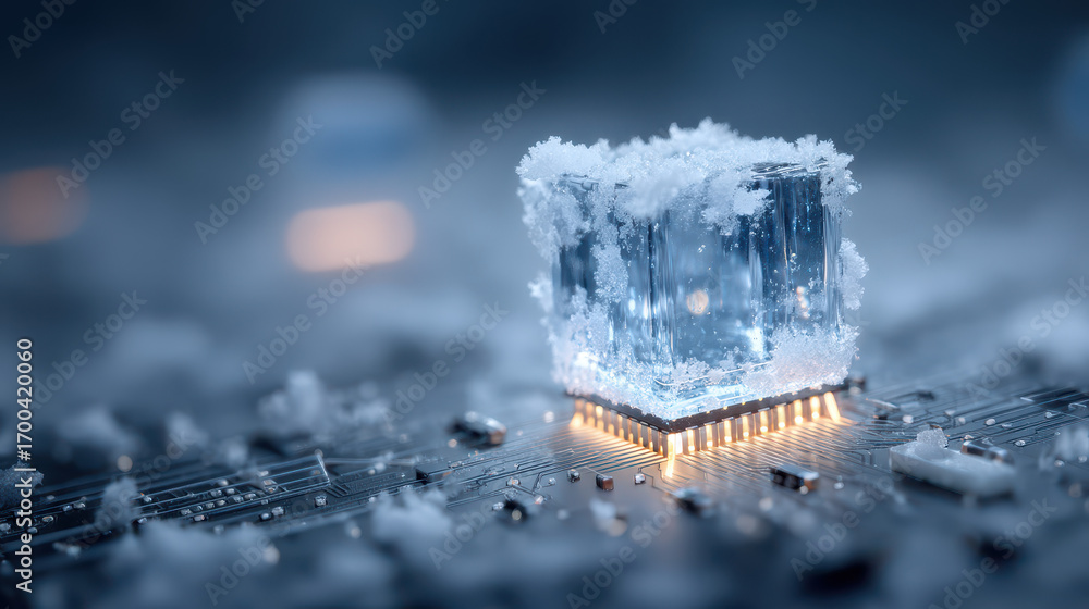 Aufkleber transformation of a microchip surrounded by frost and frost crystals in a cold setting