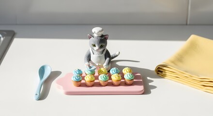 Playful tabletop scene of miniature animal figurines placed on patterned base with folded yellow napkin and cutlery, styled in bright light for cheerful decorative flat lay concept