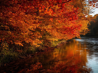Arched Bridge over a Rocky Stream with Autumn Leaves
