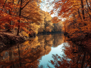 Close-up of Golden Autumn Leaves Overhanging a River