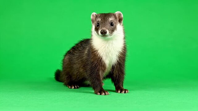 Curious ferret with white chest and alert eyes sits against a vibrant green background