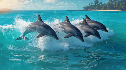 Obraz premium group of dolphins jumping in vibrant sea with palm-lined coast and scenic sky
