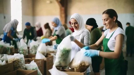A diverse group of volunteers pack food in a warehouse. The video captures a lively, community-focused atmosphere from a side angle, highlighting teamwork. - Powered by Adobe