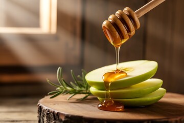 Sweet honey cascading onto crisp green apple slices with rosemary sprig, rustic charm