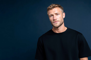 Obraz premium Studio portrait of confident middle-aged man in black sweater against dark blue background, professional headshot 