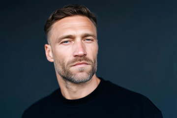 Fototapeta premium Studio portrait of confident middle-aged man in black sweater against dark blue background, professional headshot 