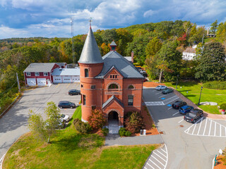 Princeton Town Hall aerial view in historic town center of Princeton, Massachusetts MA, USA. 