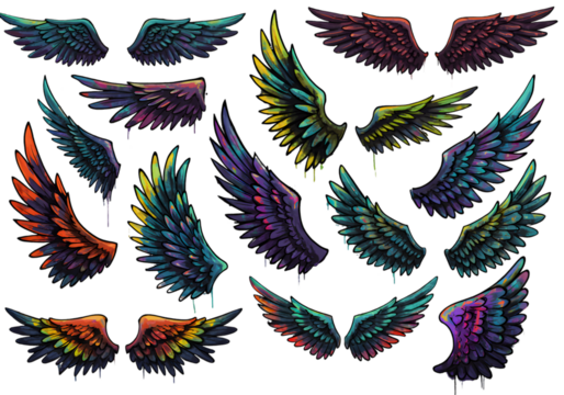 Colorful Pixel Art Wing Set On Transparent Background Illustration