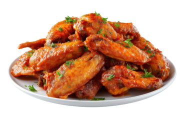 Deliciously Glazed Crispy Chicken Wings on a White Plate, Garnished with Fresh Parsley  Perfect Snack PNG, no background
