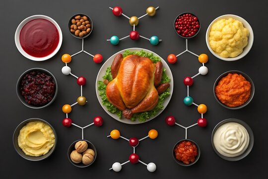 Creative thanksgiving meal arrangement with molecular chemistry elements decorative design