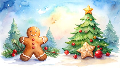 A charming watercolor illustration portrays a gingerbread man and a decorated Christmas tree in a wintery landscape.
