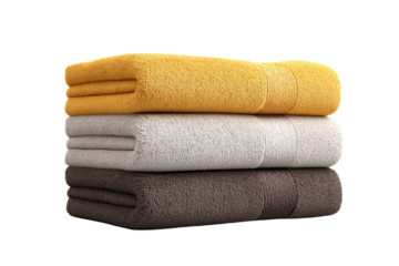 A Stack of Three Plush Cotton Towels in Yellow, Grey and Brown  For Bathroom Decor, Spa or Everyday Luxury PNG no background