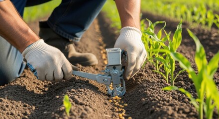 Fototapeta premium Medium shot of a farmer adjusting corn seeding depth for shallow planting showing precise placement in loose soil for early germination and quick sprouting.