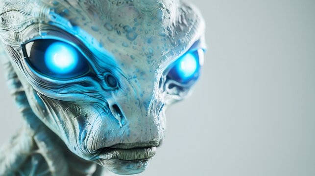 Captivating extraterrestrial visage with radiant blue eyes and textured skin complexion