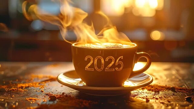 Steaming Coffee Cup with 2026 New Year Inscription