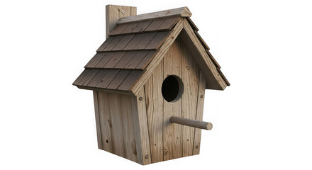 Charming rustic wooden birdhouse with perch and chimney providing shelter for avian friends in the garden transparent background