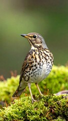 Fototapeta premium A close-up view of a speckled bird perched atop vibrant moss, showcasing intricate patterns and detailed plumage.