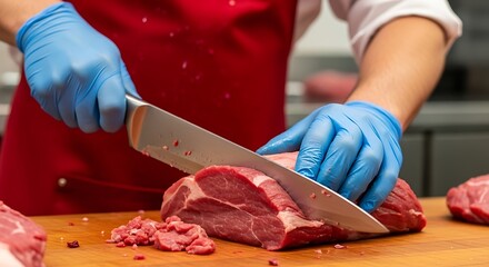 Butcher in Blue Gloves Precisely Cuts Raw Beef